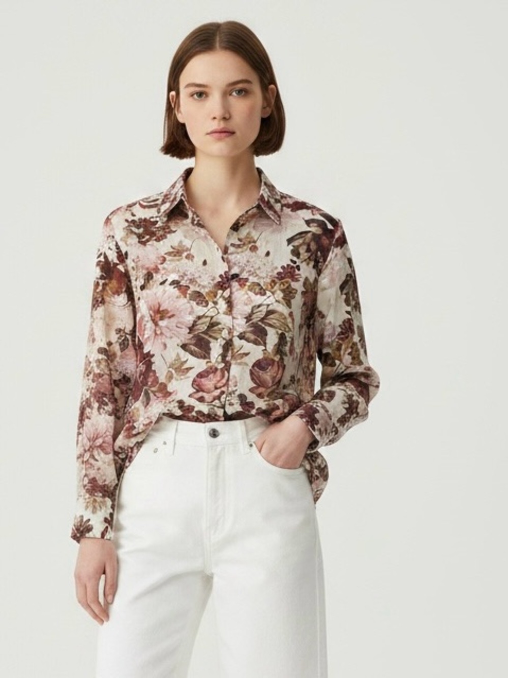 Bailey 44 semi-sheer button-down blouse in a cream-colored floral print small